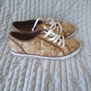 Women's Coach tennis shoes sneakers tan and white
